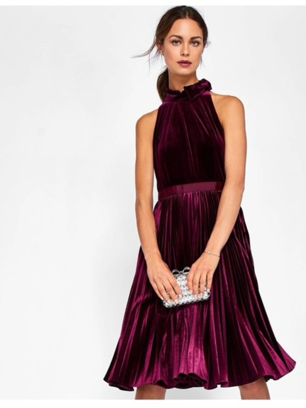 TED BAKER Cornela Pleated Velvet Midi Dress Burgundy Ted Size 2 Street Size 6